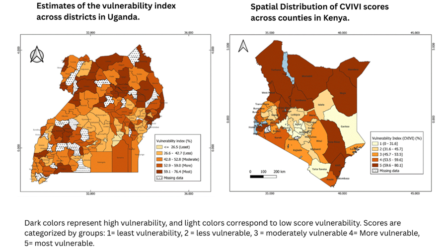 Maps showing estimates of the vulnerability index across districts in Uganda; and spatial distribution of cvivi scores across counties in Kenya