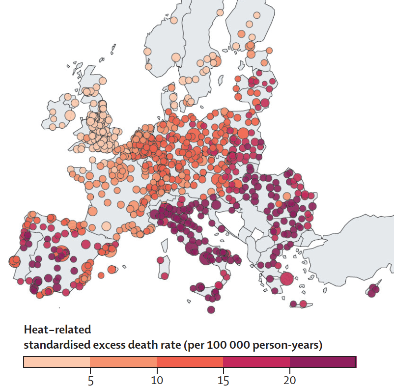 Map of Europe with different coloured dots clustered in different areas, ranging from light red (lower excess death rate) to dark red (higher excess death rate). Most of the darker dots are shown in Southern and Western Europe - Spain, Italy, and Greece. 