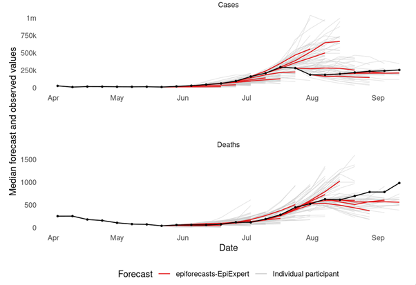 Image 2: Observed values (in black) and point forecasts (median of all participants in red, individual participants in grey). Every week, a forecast was made for values one to four weeks ahead into the future, resulting in a separate forecast for every forecast date. 