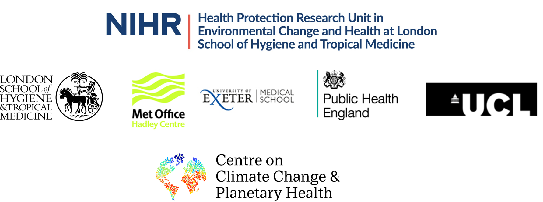 NIHR, LSHTM, Met Office, University of Exeter, Public Health England, UCL and Centre on Climate Change on Planetary Health logos