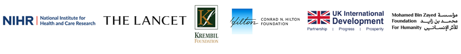 Logos: NIHR, Lancet, Krembil, Conrad Hilton Foundation, UK International Development, and Mohamed Bin Zayed Foundation for Humanity