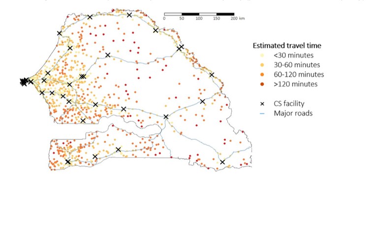 Minimum travel time from lower-level facilities to facilities performing caesarean sections in Senegal. Crosses (CS facilities) show facilities with capacity to perform caesarean sections; dots show lower-level health facilities according to minimum travel time by car to the nearest facility performing caesareans. Source: https://gh.bmj.com/content/5/3/e001915