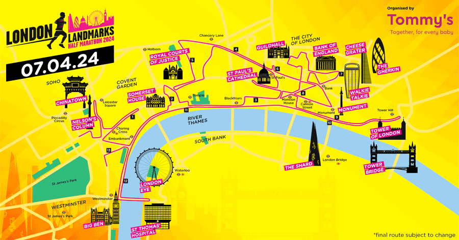 Illustrated map of 2024 London Landmarks Half Marathon route 