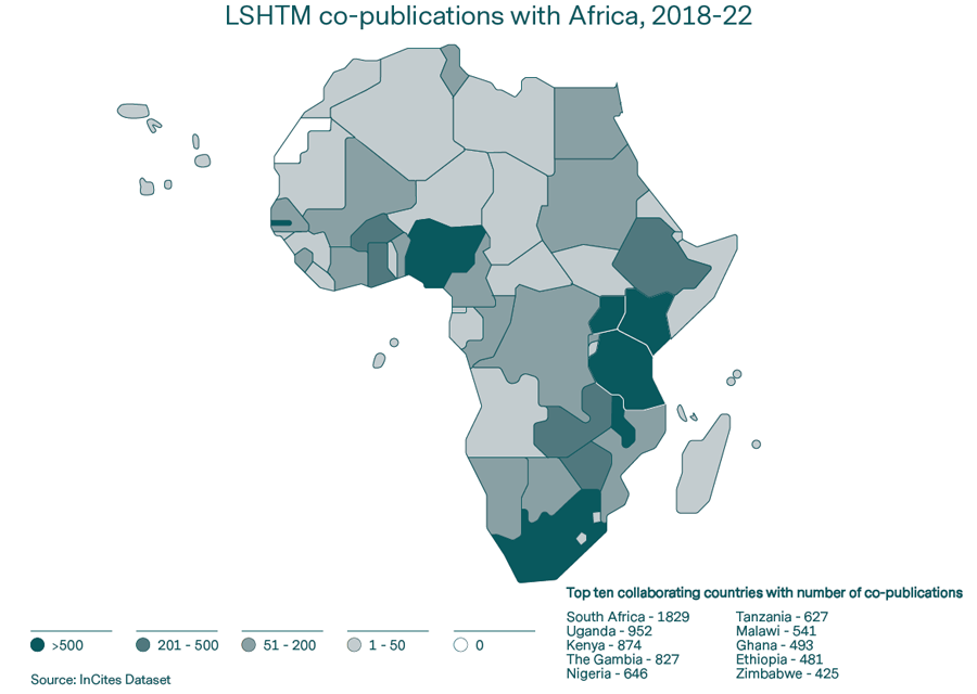 Map showing LSHTM co-publications with Africa