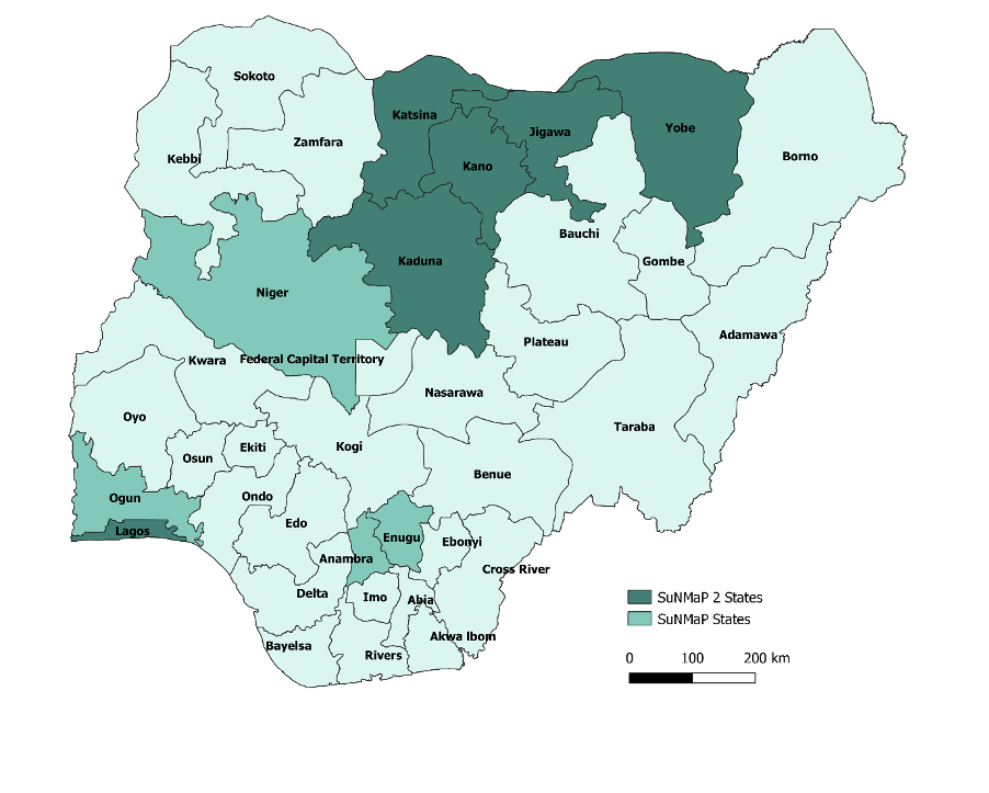 Map showing SuNMaP and SuNMaP 2 states in Nigeria