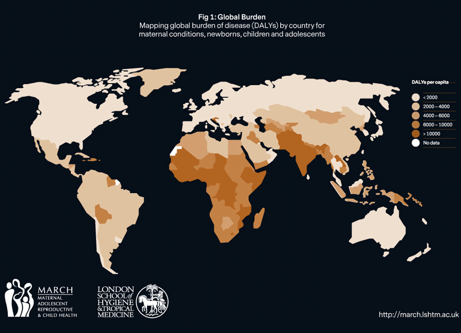 map showing global burden of disease for maternal conditions, newborns, children and adolescents