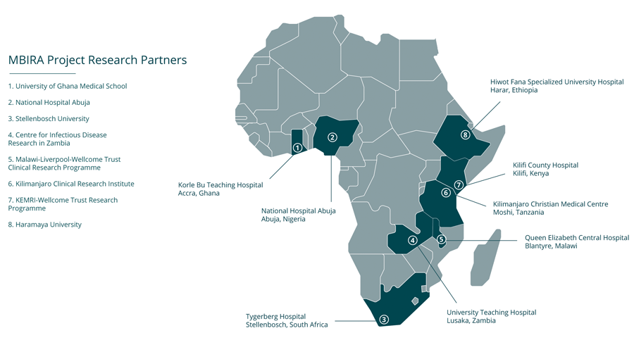 Map of Africa showing hospital and medical centre sites which are partnered with MBIRA project