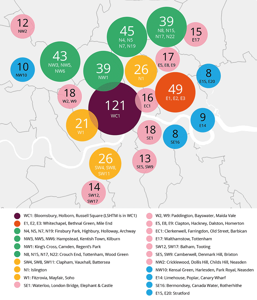 Postcode map 2025-26 showing closest stations to LSHTM