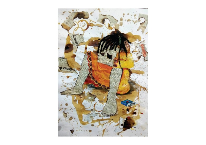 Artwork depicting a person sitting, using different mediums - acrylic, newspaper, coffee, synthetic hair braids and textile