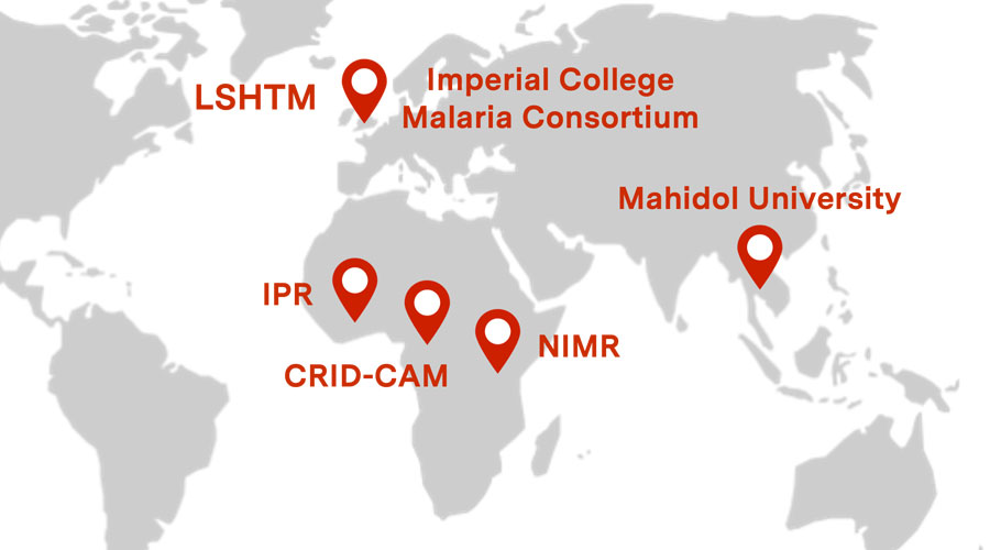 Map of RAFT partners, including LSHTM, Imperial College, Malaria Consortium, Mahidol University, IPR, CRID-CAM, and NIMR