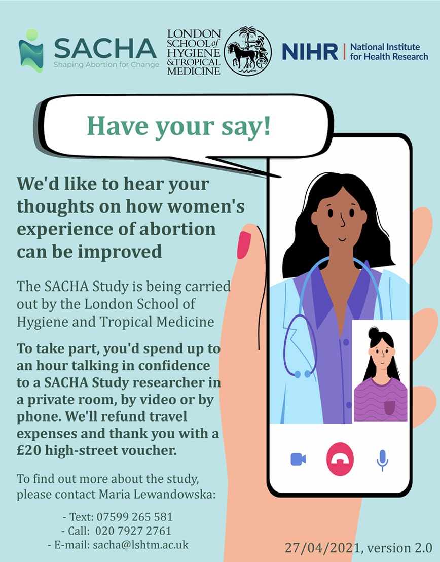 SACHA Study flyer explaining how they would like to hear thoughts on how women's experience of abortion can be improved