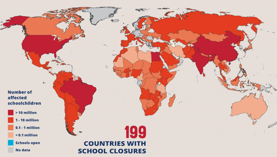 World map showing number of children affected by school closures in 199 countries