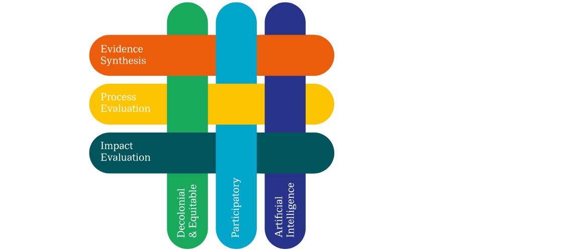 Infographic showing the three themes and three cross-cutting topics for the Centre for Evaluation