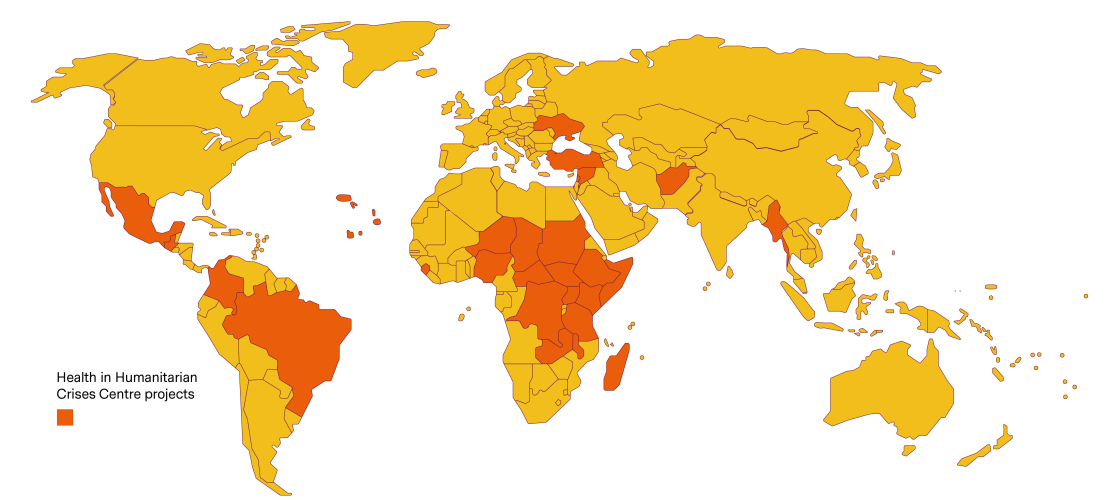 A world map showing locations of HHCC projects in orange