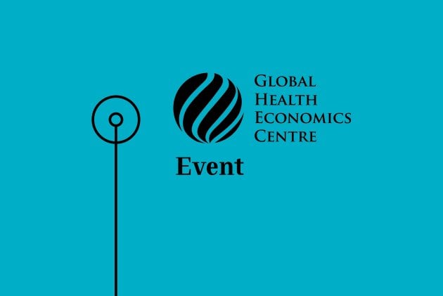 Blue event card with logo for Global Health Economics Centre (GHECO)