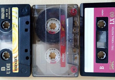 A collection of three cassette tapes. From Wikimedia Commons, the free media repository