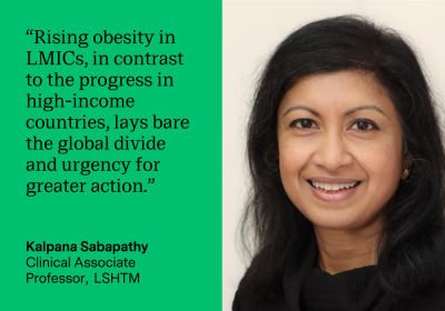 Quote from Kalpana Sabapathy: “Rising obesity in LMICs, in contrast to the progress in high-income countries, lays bare the global divide and urgency for greater action.”