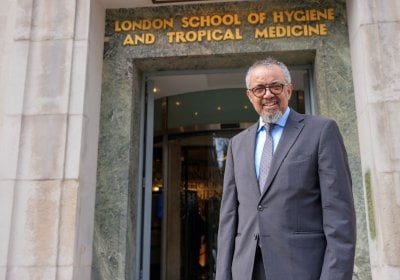 Director-General Dr Tedros in front of the LSHTM entrance