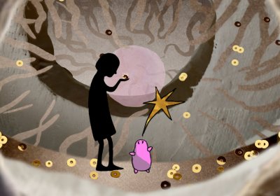 Illustration of a girl in silhouette standing in a tunnel with branches growing towards the middle. The girl looks at a glowing gold circle in her hand. Gold circles are falling down and scattered on the ground. A small, pink cartoon with a gold star above its head is looking up at the girl.
