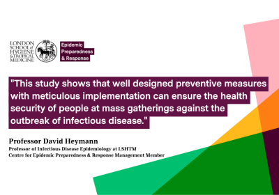Quote card of David Heymann about a new Health Policy article published in the Lancet about the effectiveness of COVID-19 control measures at the 2021 Tokyo and 2022 Beijing Olympic Games.