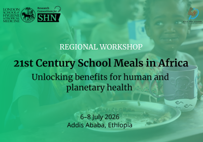Graphic on green background with image of children in Africa smiling and eating a plate of food including beans at school