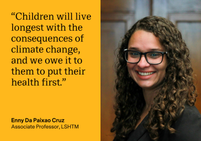 Quote written on a yellow background with a picture of Enny beside it that reads: "Children will live longest with the consequences of climate change, and we owe it to them to put their health first."