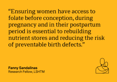 quote reading: "“Ensuring women have access to folate before conception, during pregnancy and in their postpartum period is essential to rebuilding nutrient stores and reducing the risk of preventable birth defects.” on a yellow background