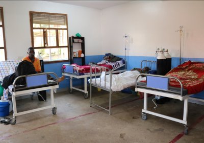 Medical beds with inbuilt drip stands used in the TB Ward for patients currently on oxygen