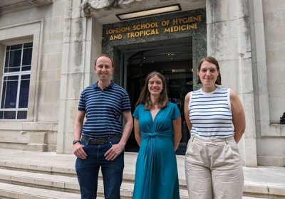 Jonathan Bartlett, Ruth Keogh and Fizz Williamson standing in front of the LSHTM building