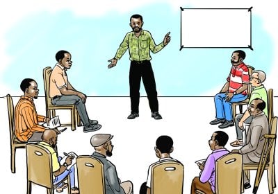 Illustration of a group of men sitting in a circle looking towards one man who is standing pointing at a blank screen on a wall
