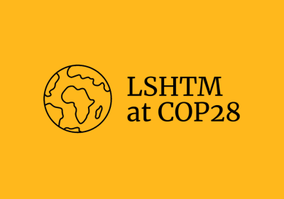 LSHTM at COP28 written in black writing on top of a yellow background