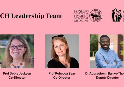 Images of Prof Jackson, Prof Sear and Dr Banke-Thomas sit on a pink background with the title MARCH Leadership Team title and LSHTM and MARCH logos above the pictures