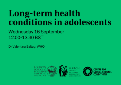 Green card with the words "Long-term health conditions in adolescents" "Wednesday 16  September  11:00-12:00 BST" and "Dr Valentina Baltag, WHO" written in black text