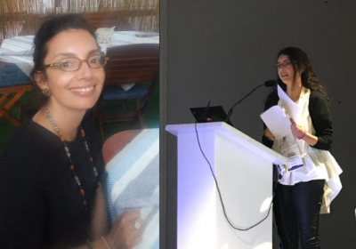 Side by side images of Manuela. On the left hand side she&#039;s sat down looking straight at the camera and smiling, on the right she is stood at a lectern presenting.