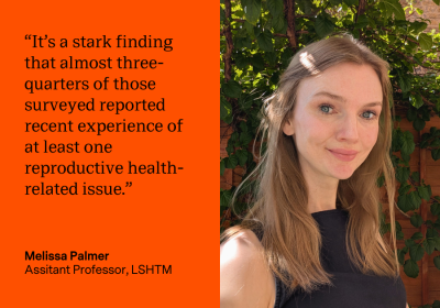 Quote on an orange background reading: "It's a stark finding that almost thee-quarters of those surveyed reported recent experience of at least one reproductive health-related issue." with an image of Melissa Palmer beside it