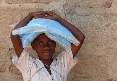 A young boy holding a long lasting insecticidal bed net