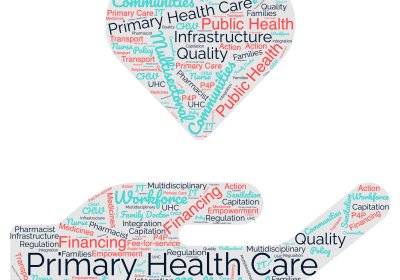 A heart floating above an open hand. The heart and hand are populated by words associated with primary health care, this includes universal health coverage, financing, workforce, quality, integration, multidisciplinary, regulation.