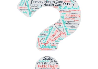 A question mark. Within the question mark are words commonly associated with primary health care, this includes universal health coverage, financing, workforce, quality, integration, multidisciplinary, regulation.