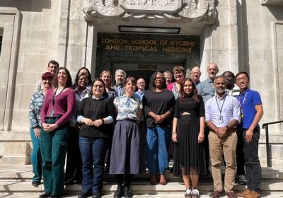 Picture of the PharmacyFirst team in September 2025, outside of Keppel Street campus entrance at LSHTM