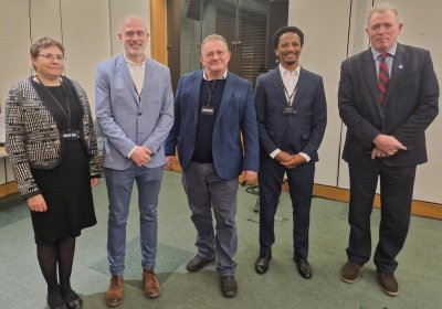 Speakers from the event. Left to right: Professor Sian Clarke (RAFT, LSHTM), who chaired the panel discussion, Dr Seth Irish, Professor Jo Lines, Dr Fitsum Tadesse, and James Sutherland MP, who hosted the Parliament event.
