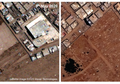 Caption: large change in burials at the Radwan cemetery between May and September 2020.Caption: Credit: Satellite image ©2020 Maxar Technologies.