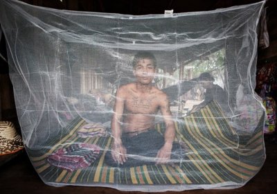 A villager sits behind a mosquito net in western Cambodia. Image credit: Jeffrey Lau. Source: Gillet, K. Combat zone: The fight against malaria in Cambodia. South China Morning Post 