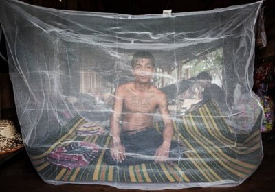 A villager sits behind a mosquito net in western Cambodia. Image credit: Jeffrey Lau. Source: Gillet, K. South China Morning Post