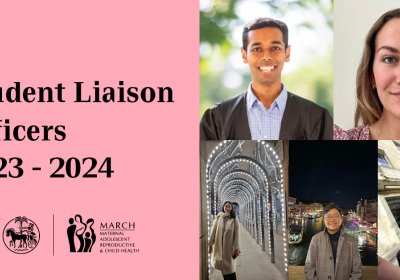 Images of students sit beside text on a pink background that reads Student Liaison Officers 2023 - 2024