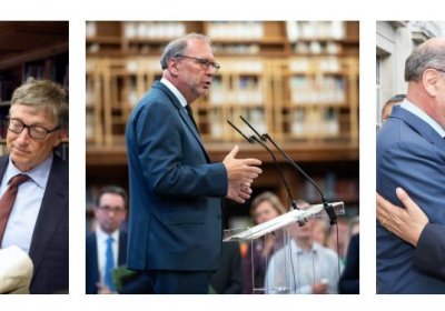 Professor Peter Piot and Dr Heidi Larson  discuss archive material with Bill Gates; Professor Peter Piot  addresses guests  at LSHTM’s 120th  anniversary reception; Professor Peter Piot and Dr Tedros Adhanom Ghebreyesus