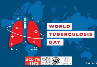 World TB Day digital banner - image includes digital illustration of lungs acompanied by a text "World Tuberculosis Day". Also included in the banner is the collaborators logo, UCL-TB and LSHTM TB Centre