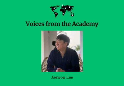 Green graphic with icon of the world map with data points dotted all over. A photo of a Korean man wearing a black shirt laughing. Jaewon Lee.