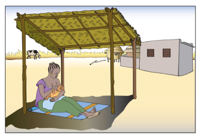 Illustration of woman breastfeeding a baby outside in the shade beneath a canopy.