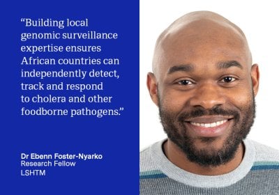 Quote card on dark blue background with photo of Dr Ebenezer Foster-Nyarko on the right