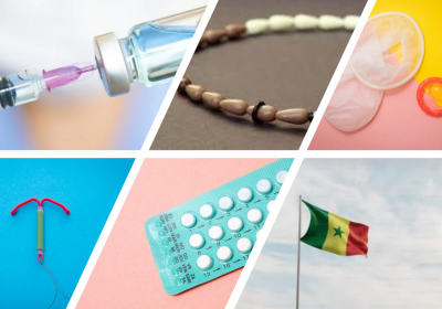A collated picture with different family planning methods and the flag of Senegal